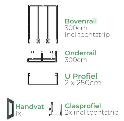 Basic glazen schuifwand | 3 rail | breedte 234 t/m 297cm