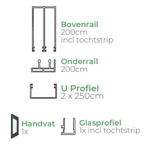 Basic glazen schuifwand | 3 rail | breedte 234 t/m 297cm
